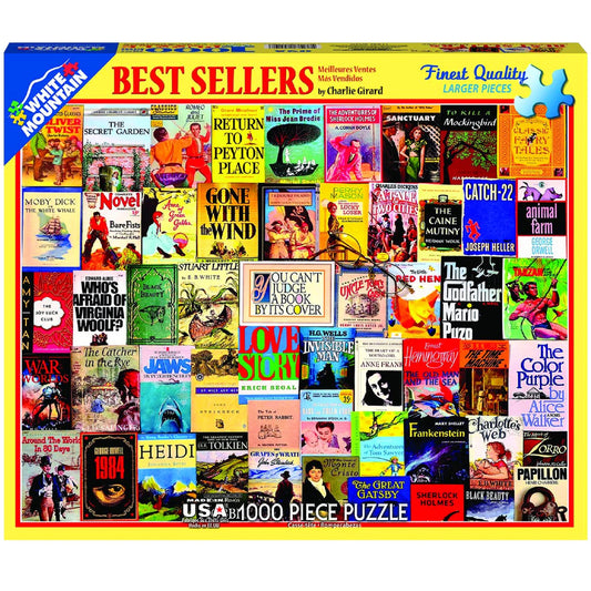 White Mountain Best Sellers puzzle box front with vintage book cover art for family fun.