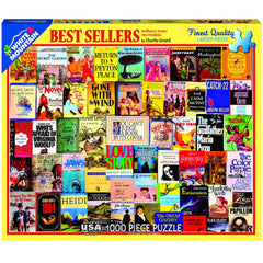 White Mountain Best Sellers puzzle box front with vintage book cover art for family fun.