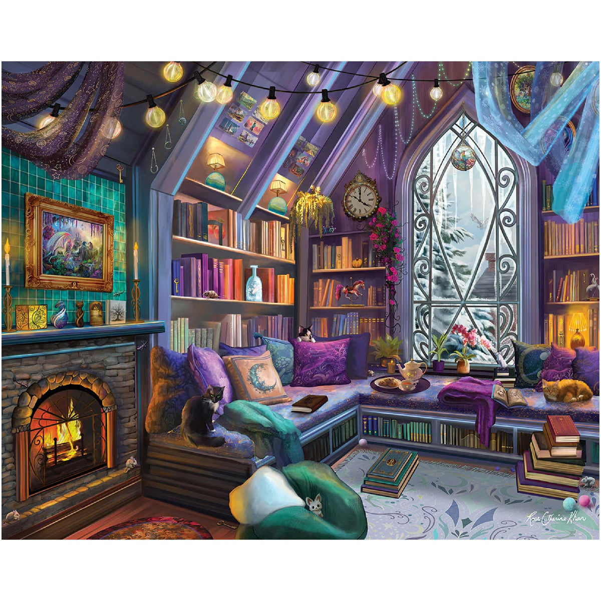 White Mountain Book Nook puzzle cover shows vibrant library scene for family fun.
