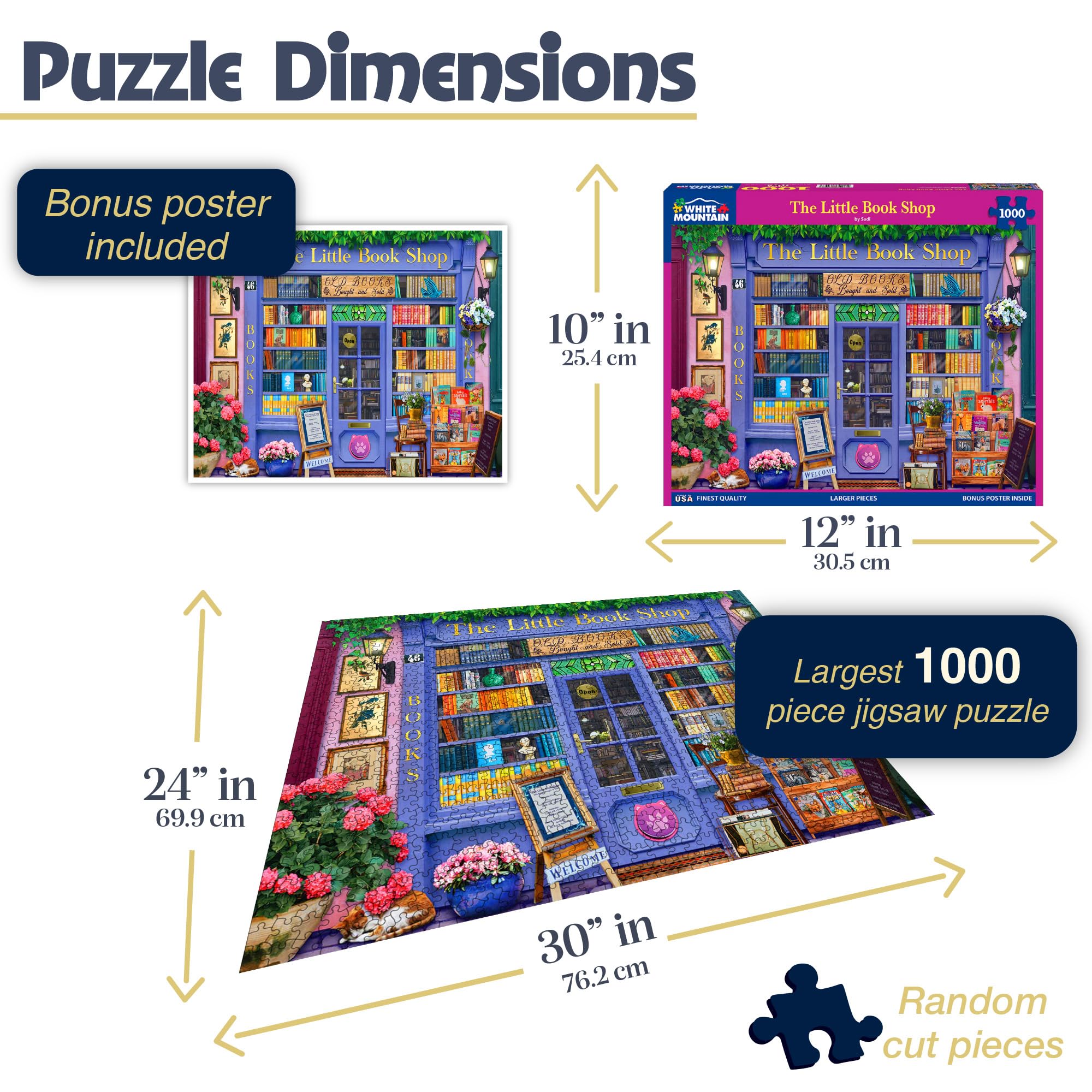 White Mountain bookstore shelves scene with vibrant colors ideal for relaxing family puzzle time