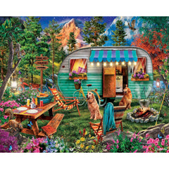 White Mountain Campers puzzle cover shows a sunny campsite scene for family bonding.