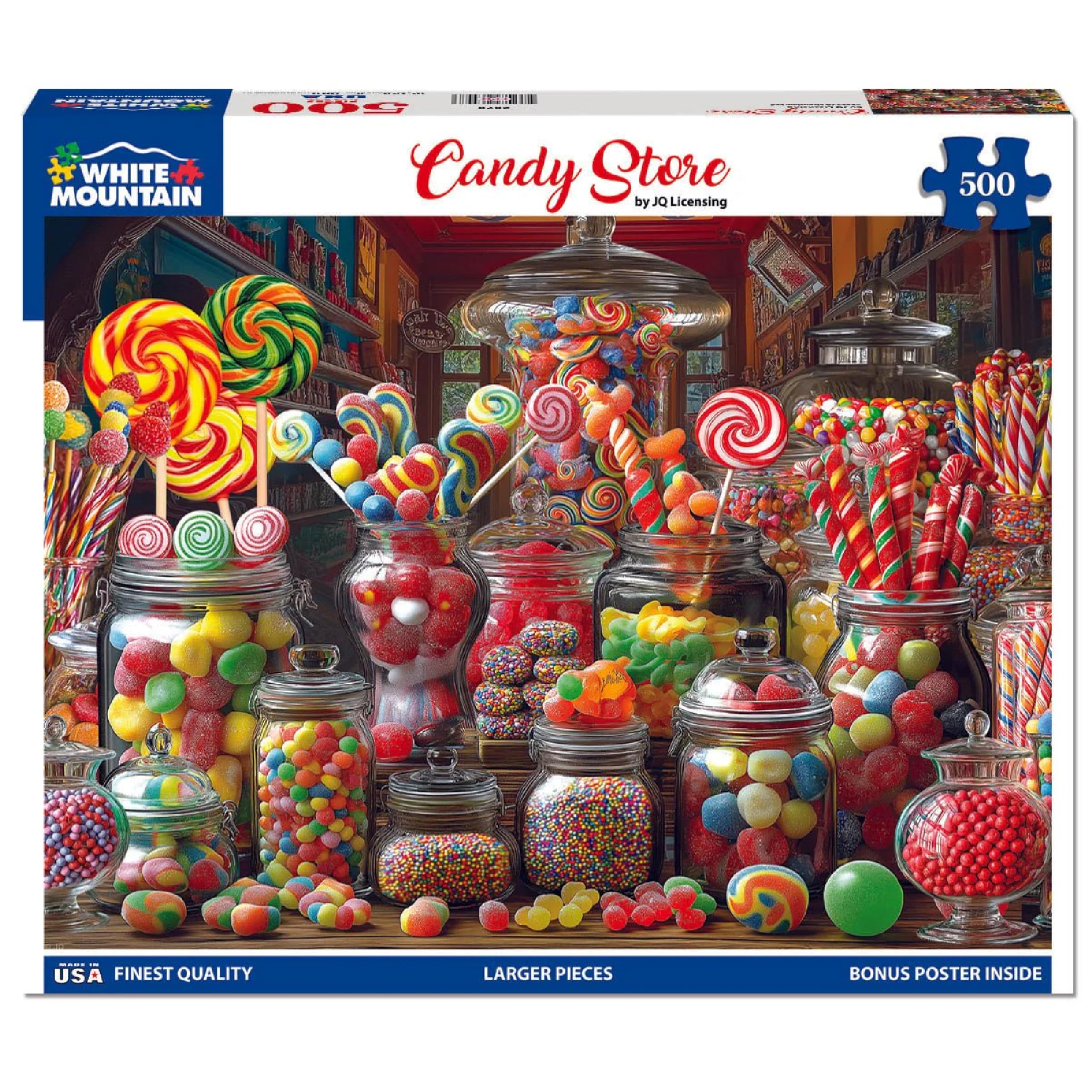 White Mountain Candy Store puzzle pieces closeup, highlighting large pieces for easier handling.