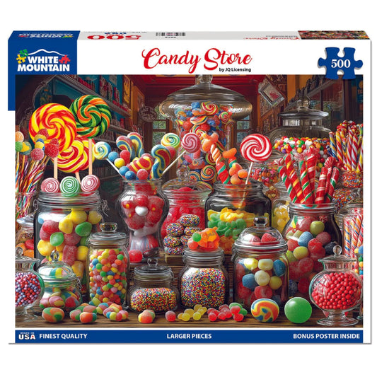White Mountain Candy Store puzzle pieces closeup, highlighting large pieces for easier handling.