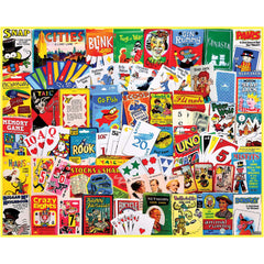 White Mountain card games collage puzzle with bright colors for family fun