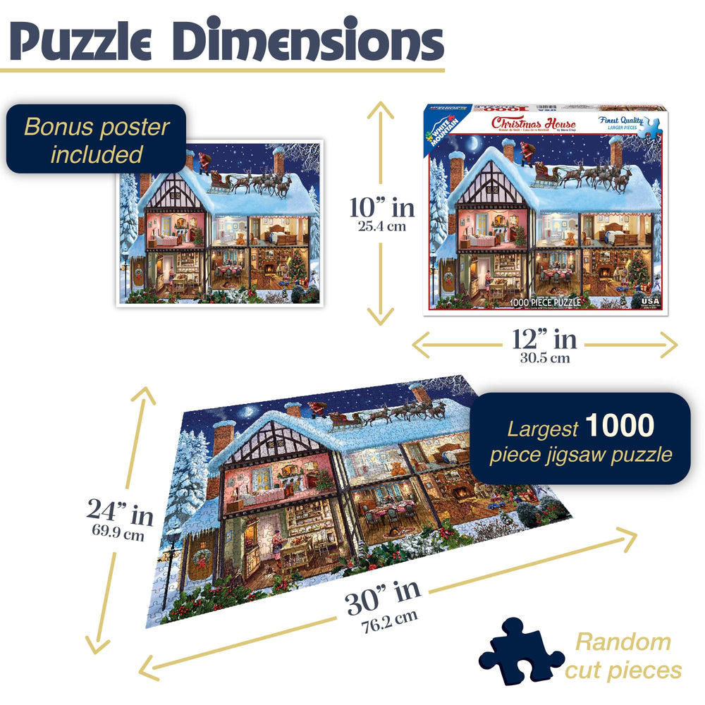 Family gathered around White Mountain Christmas House puzzle setup.