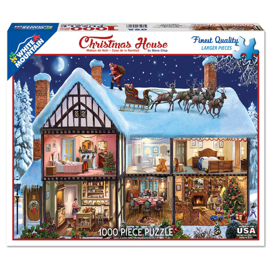 Close-up of large pieces from White Mountain Christmas House puzzle.