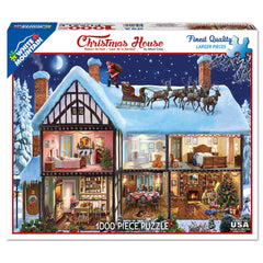 Close-up of large pieces from White Mountain Christmas House puzzle.