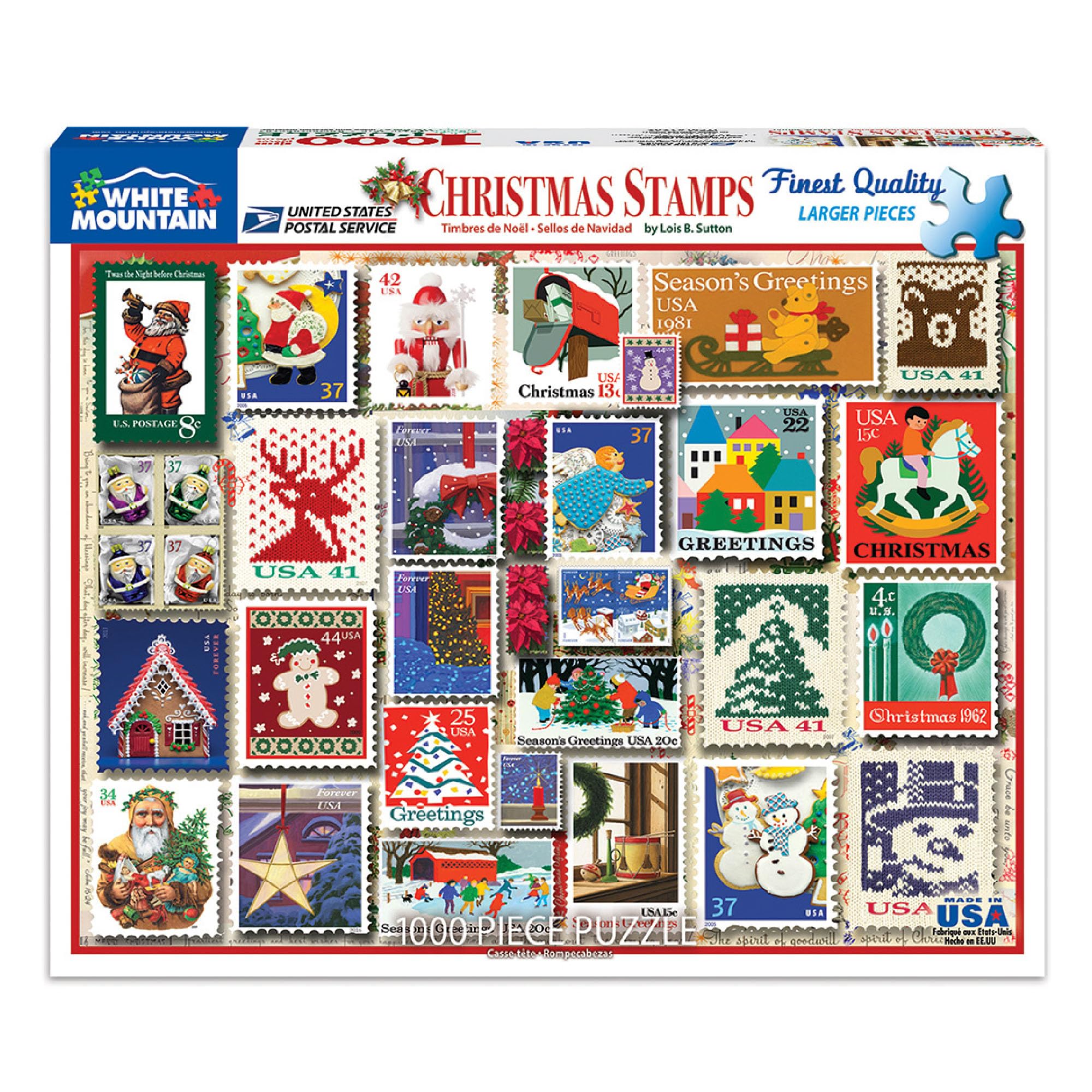 White Mountain Christmas Stamps puzzle cover with festive stamps for family bonding and seasonal decor.