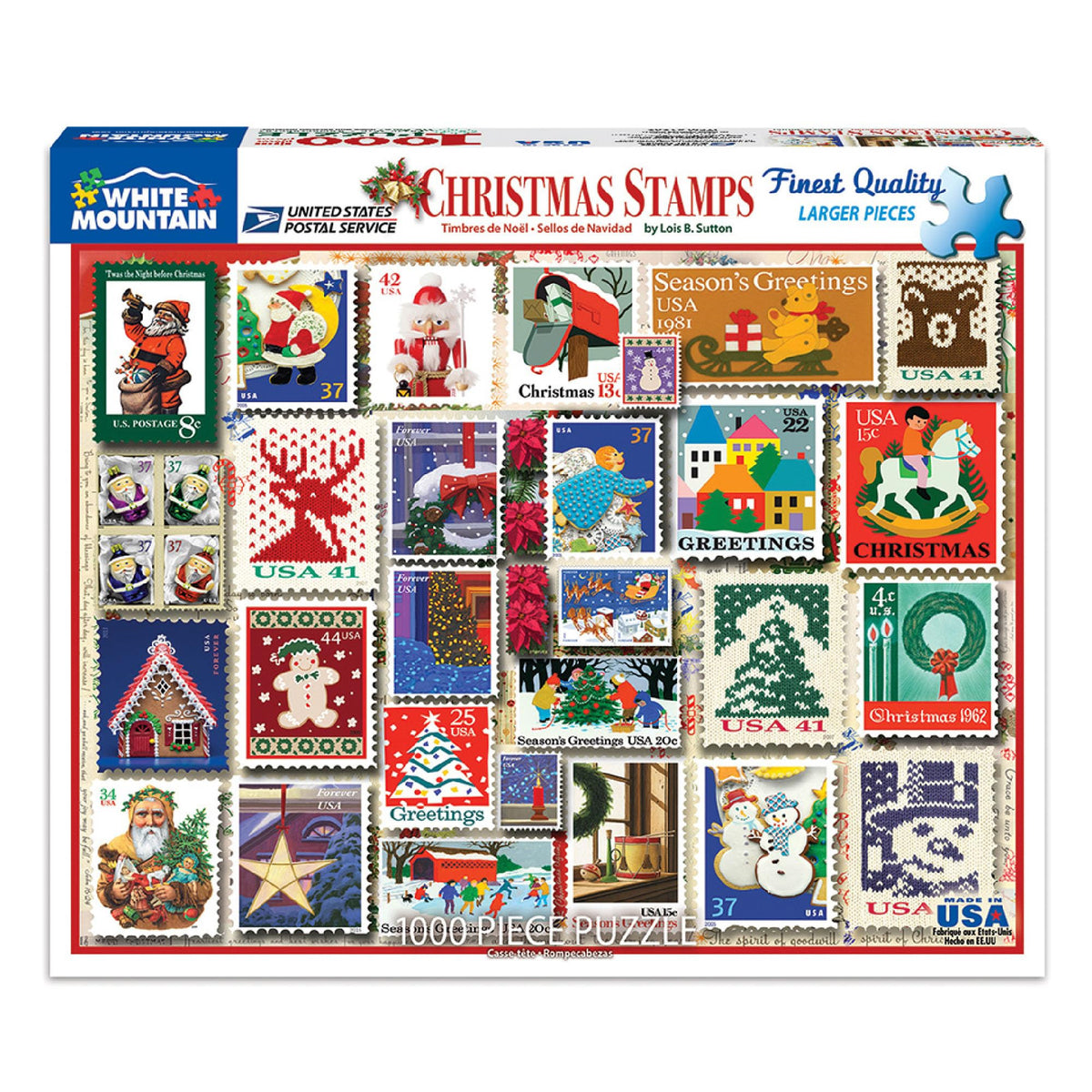 White Mountain Christmas Stamps puzzle cover with festive stamps for family bonding and seasonal decor.