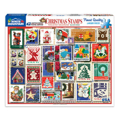 White Mountain Christmas Stamps puzzle cover with festive stamps for family bonding and seasonal decor.