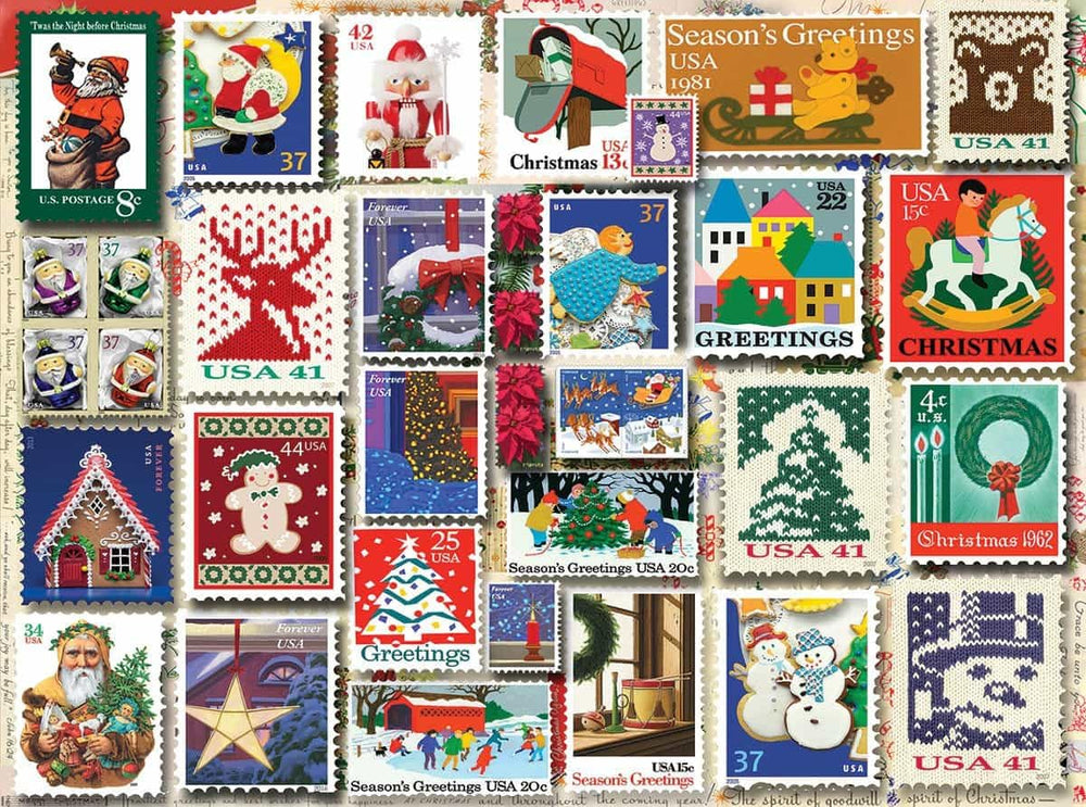 White Mountain Christmas Stamps puzzle pieces closeup highlighting large pieces for easier handling.
