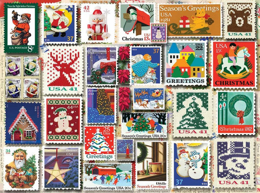 White Mountain Christmas Stamps puzzle pieces closeup highlighting large pieces for easier handling.