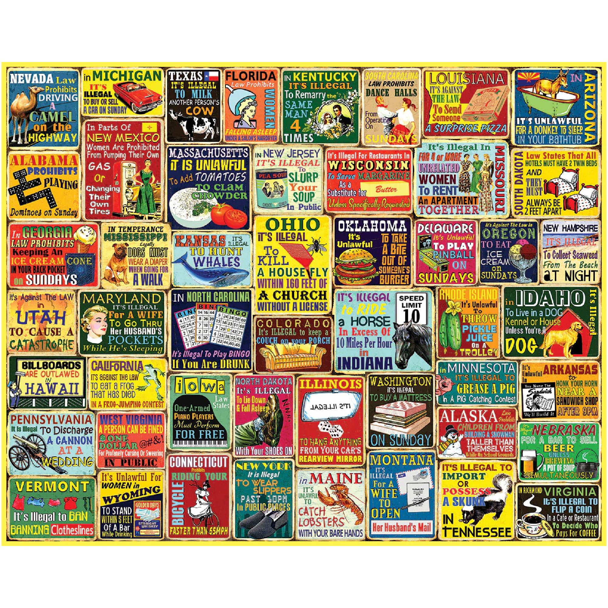White Mountain Crazy State Laws puzzle collage for family gatherings and quirky rules