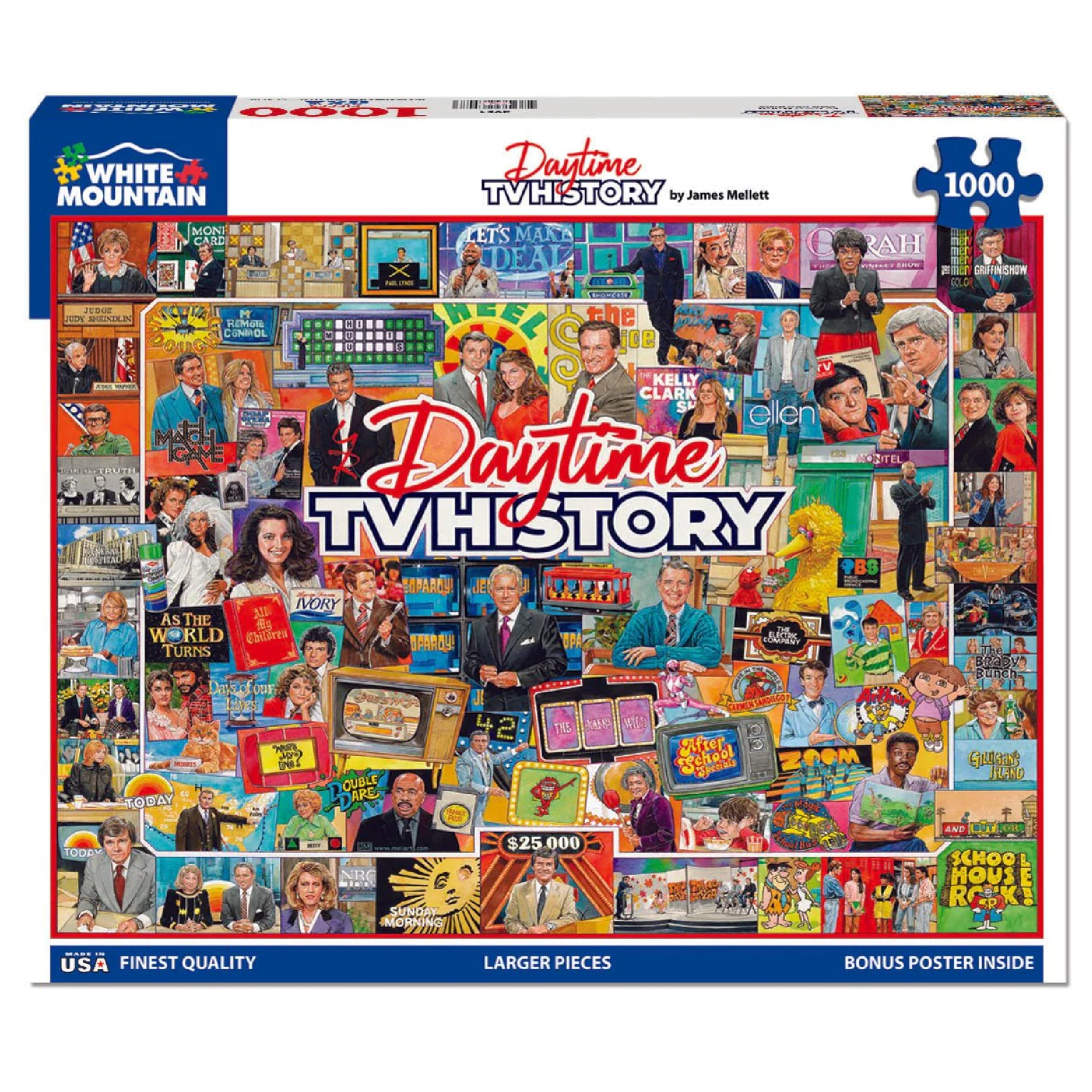 White Mountain daytime TV history puzzle box shows retro broadcasters, ideal for relaxation.