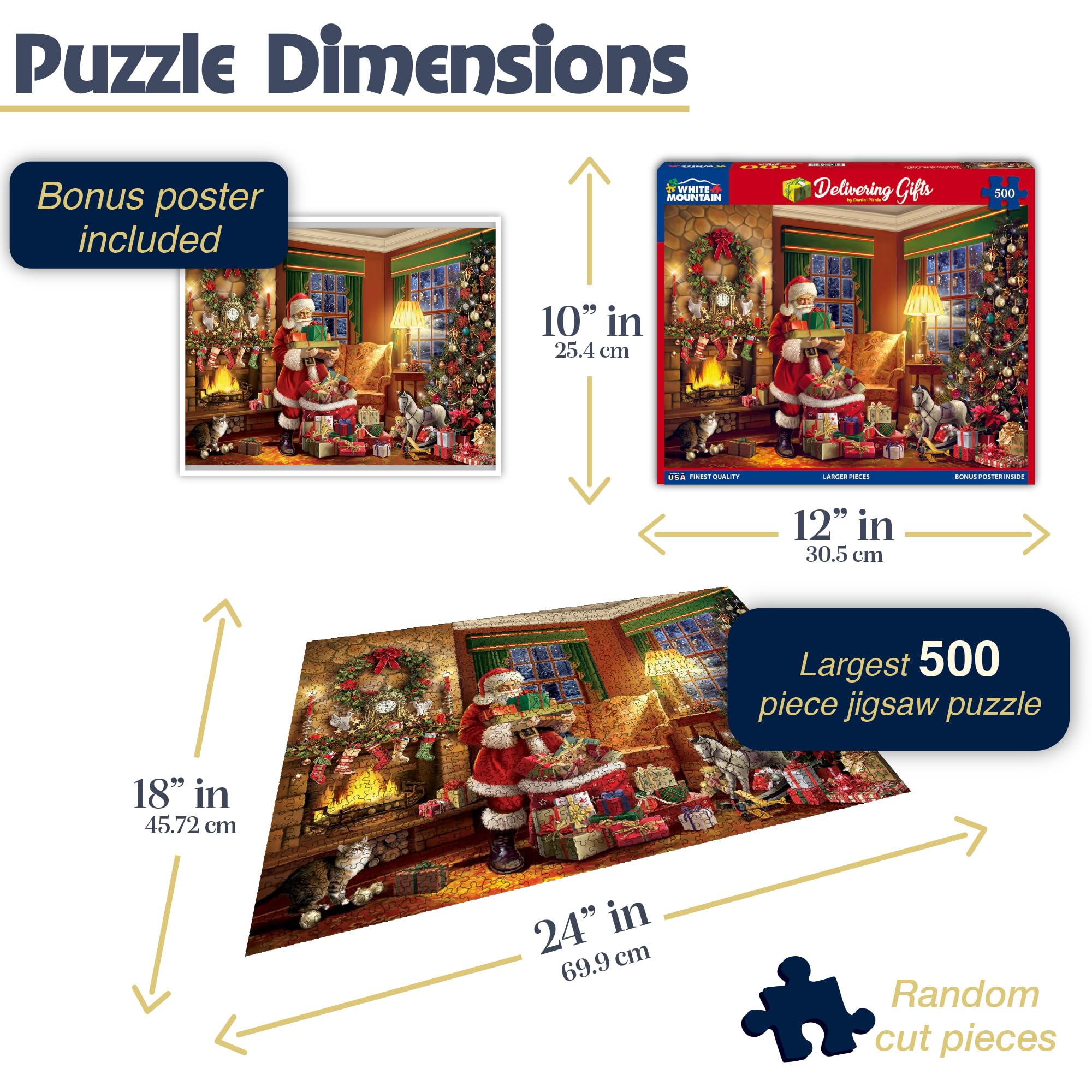 White Mountain Delivering Gifts puzzle pieces close-up; large thick pieces for easy handling