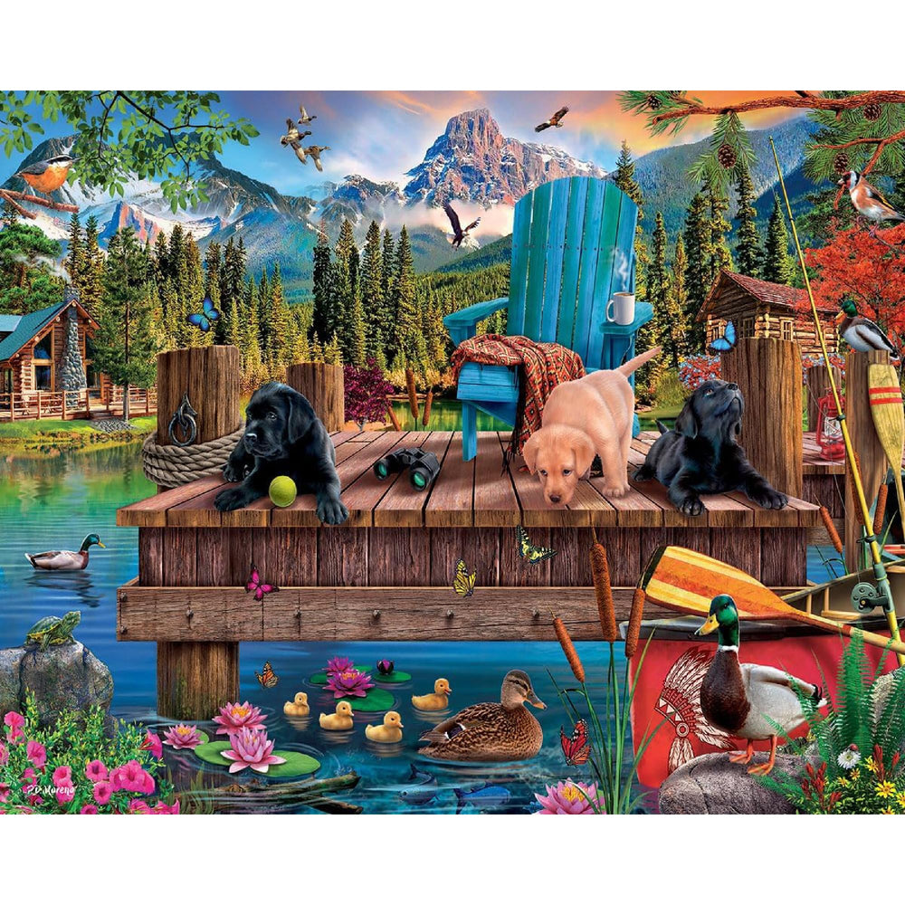 White Mountain Dock Dogs puzzle cover showing a sunny dock scene for family fun.