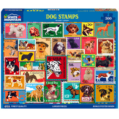White Mountain Dog Stamps puzzle cover showing cheerful dog stamps for family fun.
