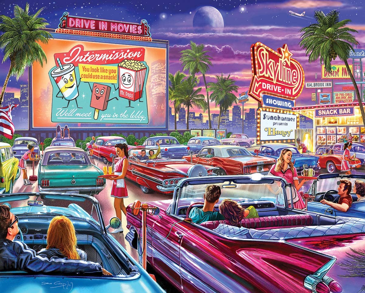 White Mountain Drive-In Movie puzzle cover with nostalgic artwork for family evenings.