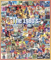 White Mountain Eighties collage puzzle cover showing a nostalgic pop culture montage