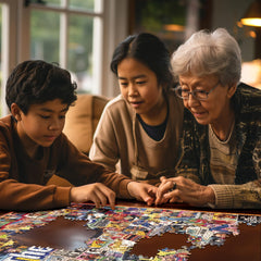 White Mountain family puzzle time with bright pieces encourages social play