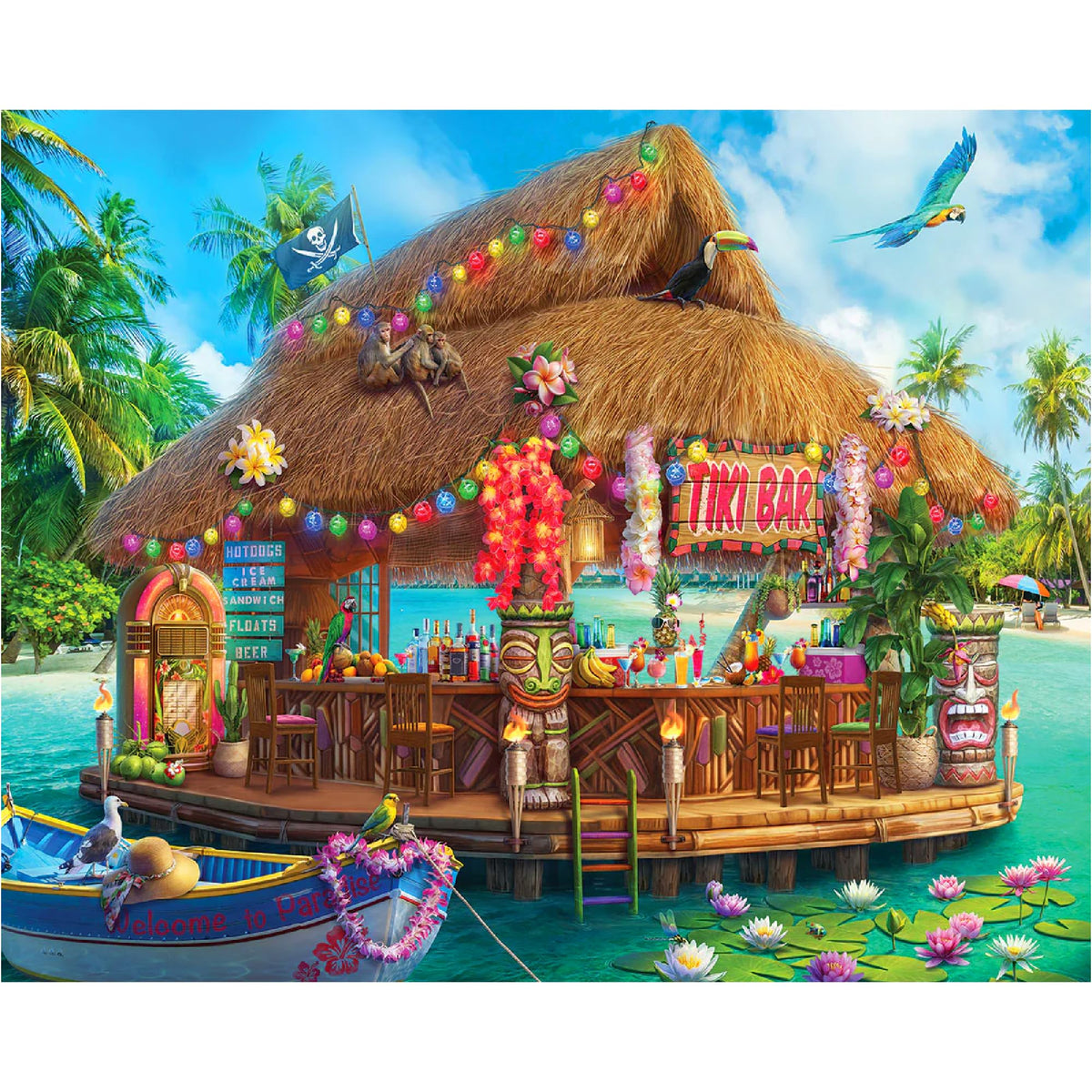 White Mountain floating tiki bar puzzle main scene offers a tropical escape for family fun.