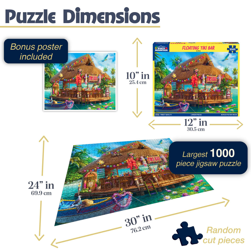 White Mountain floating tiki bar puzzle vibrant colors captivate during rainy day gathering.