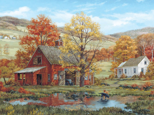 White Mountain Friends in Autumn: barn reflection scene for cozy fall vibes and family puzzle fun.