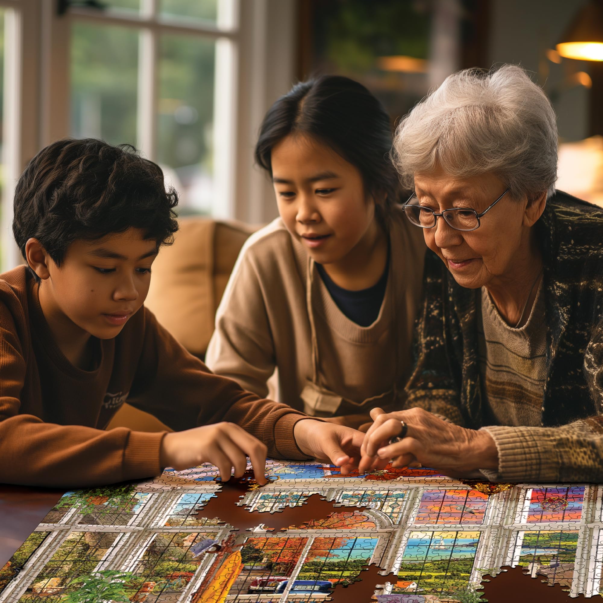 White Mountain Garden Room family puzzle being assembled together