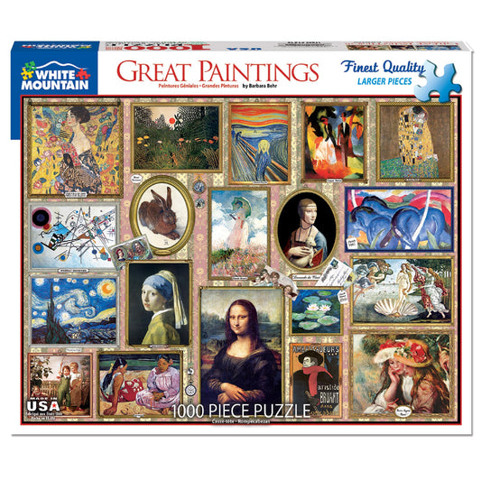 White Mountain Great Paintings puzzle cover with vibrant art for family enjoyment.