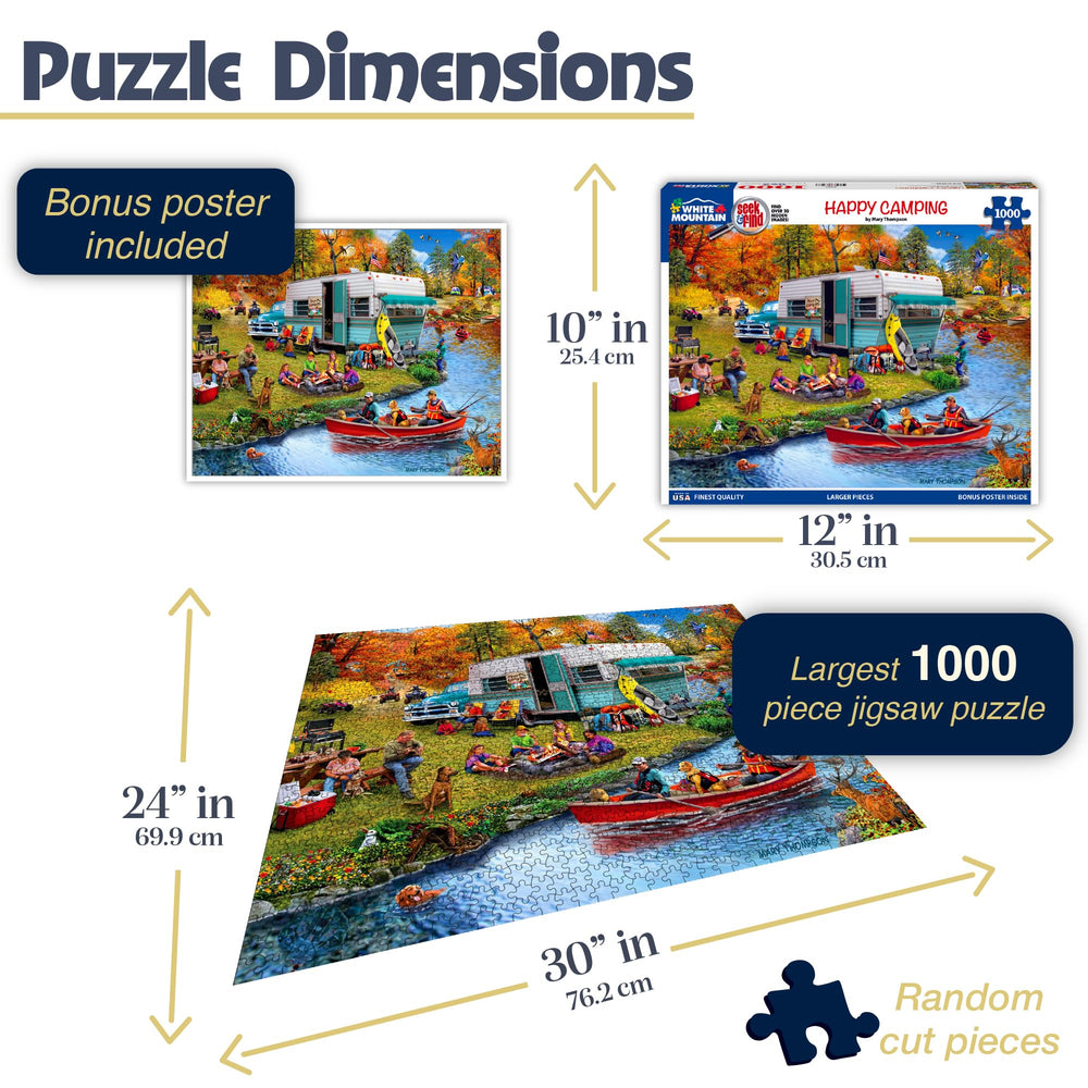 White Mountain Happy Camper Puzzle campfire glow image suitable for relaxing evenings and conversations.