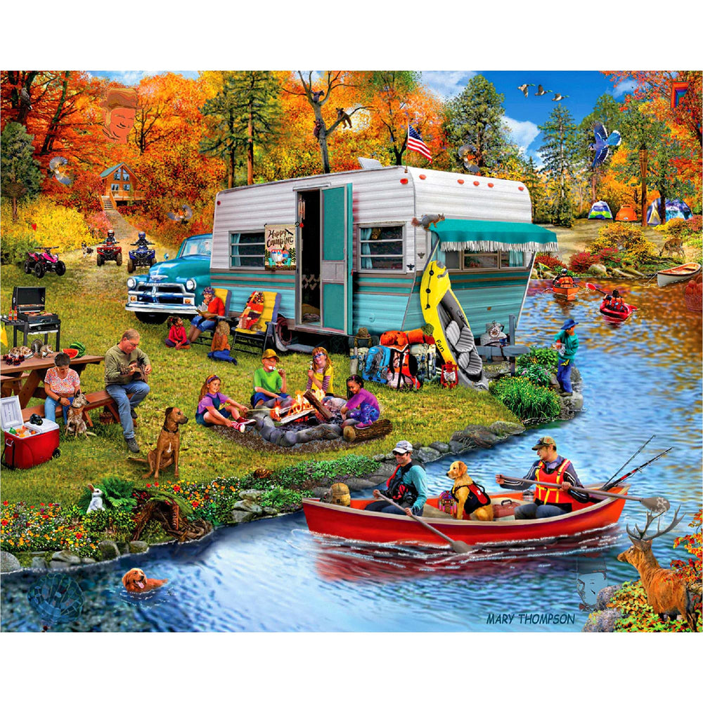 White Mountain Happy Camper Puzzle scene captures cozy lakeside camping for family puzzle night.