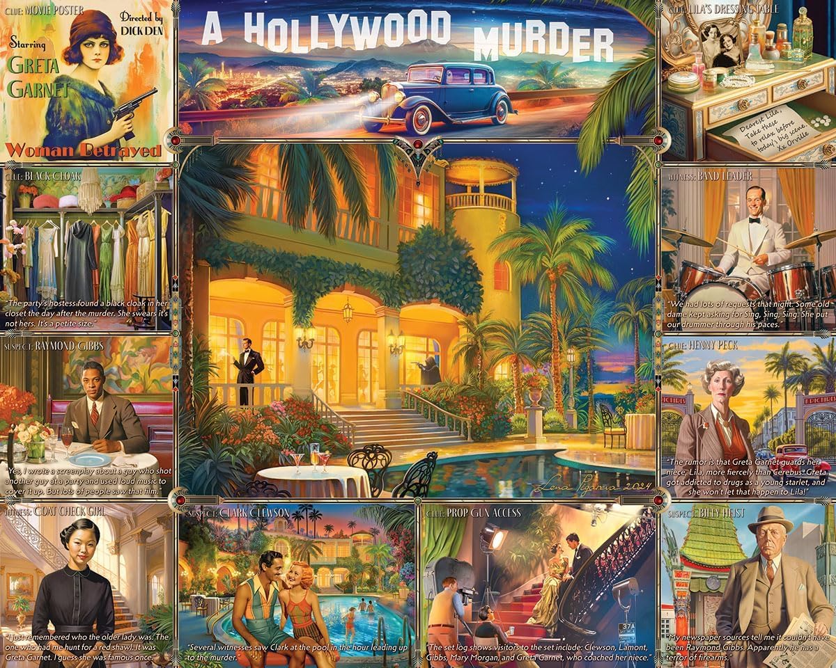 White Mountain Hollywood Murder Mystery collage puzzle image—perfect for family game night