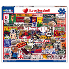 White Mountain I Love Baseball puzzle box cover shows vintage MLB moments for collectors and family fun.