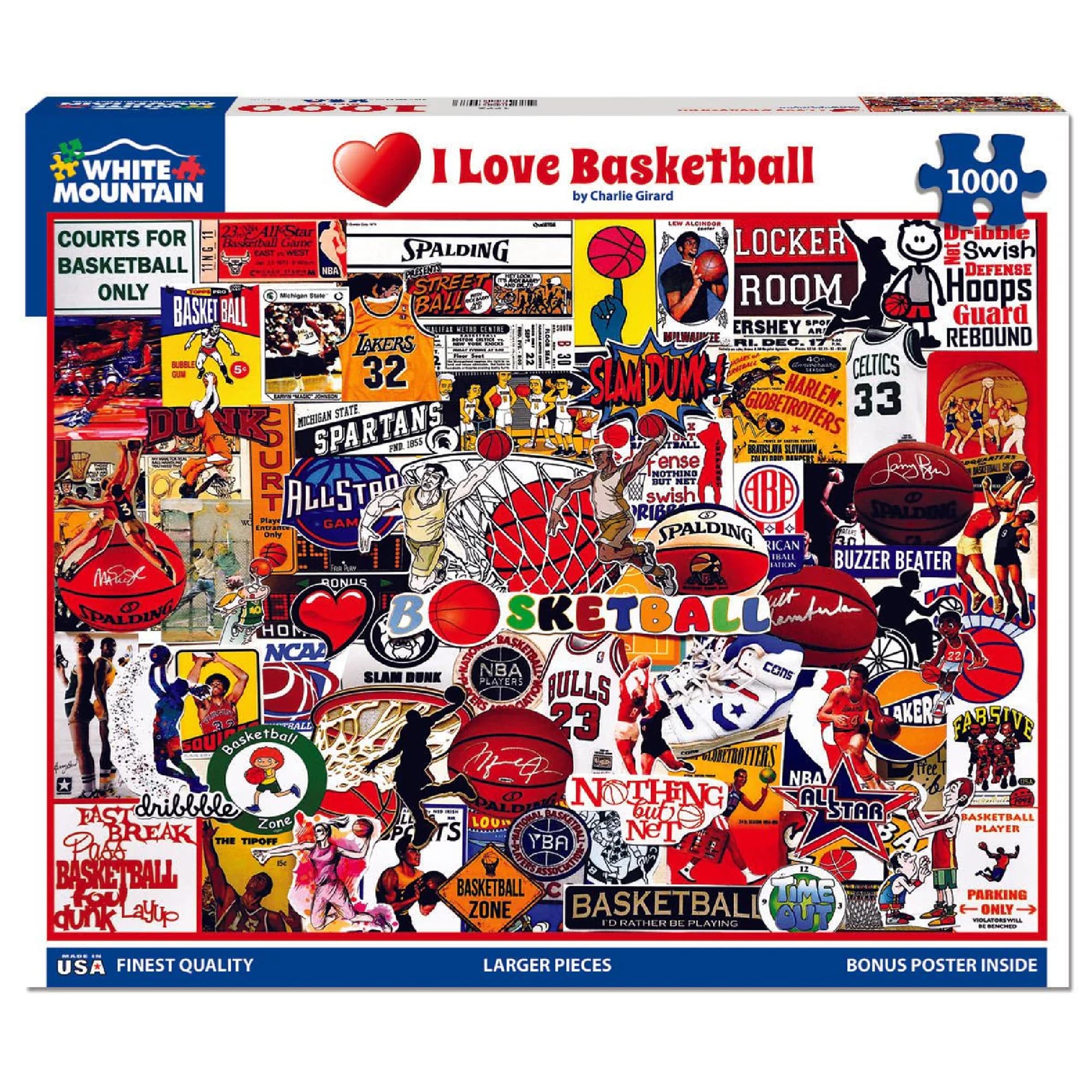 White Mountain I Love Basketball puzzle assembly with family enjoying quiet game night.