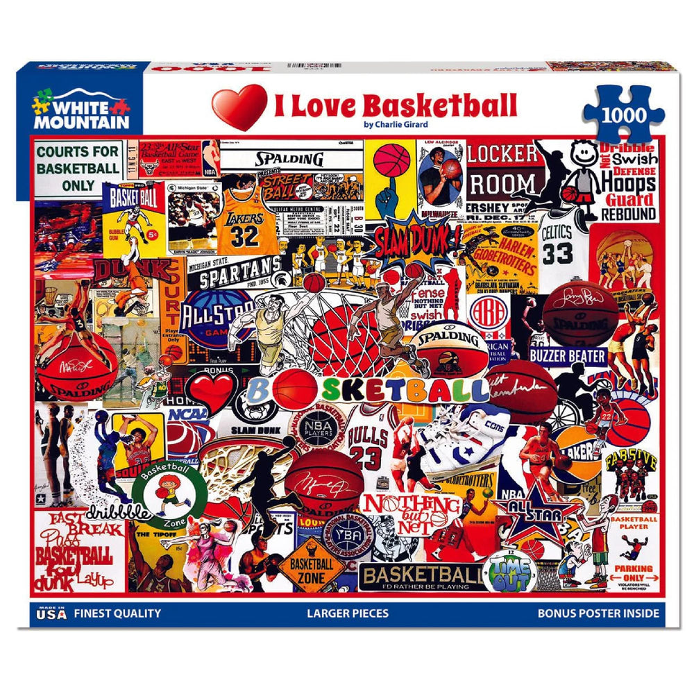 White Mountain I Love Basketball puzzle assembly with family enjoying quiet game night.
