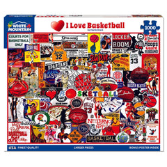 White Mountain I Love Basketball puzzle assembly with family enjoying quiet game night.