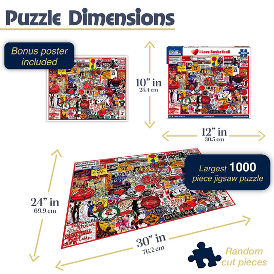 White Mountain I Love Basketball puzzle pieces closeup highlighting large, easy-to-handle pieces.