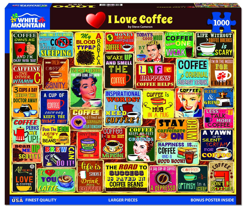 White Mountain I Love Coffee puzzle with quotes, ideal for relaxing breaks.