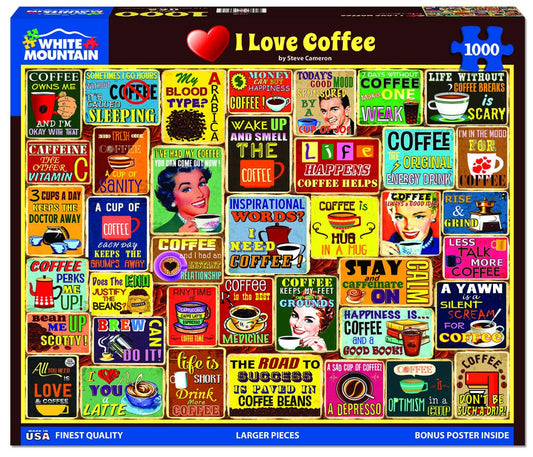 White Mountain I Love Coffee puzzle with quotes, ideal for relaxing breaks.