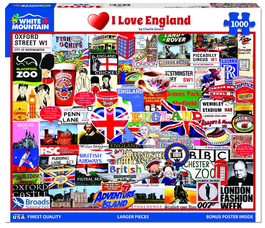 White Mountain I Love England 1000-piece puzzle piece closeup shows easy-to-grip pieces.