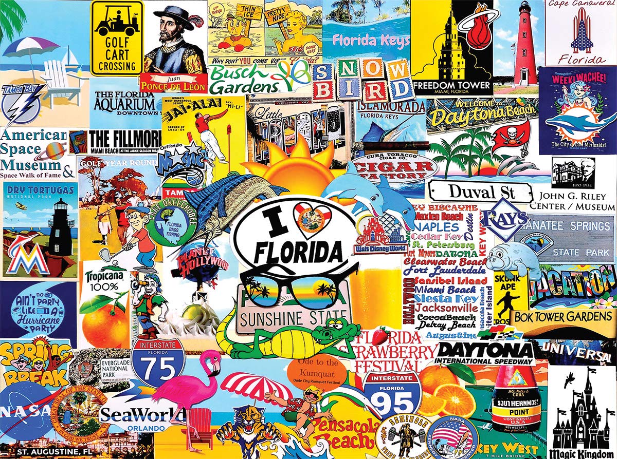 White Mountain I Love Florida collage puzzle featuring Florida attractions for family fun