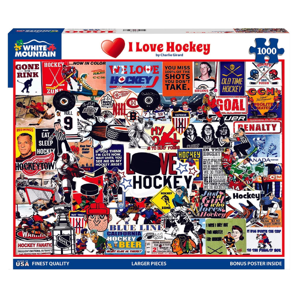 White Mountain I Love Hockey piece closeup, showing easy-to-handle pieces for all ages.
