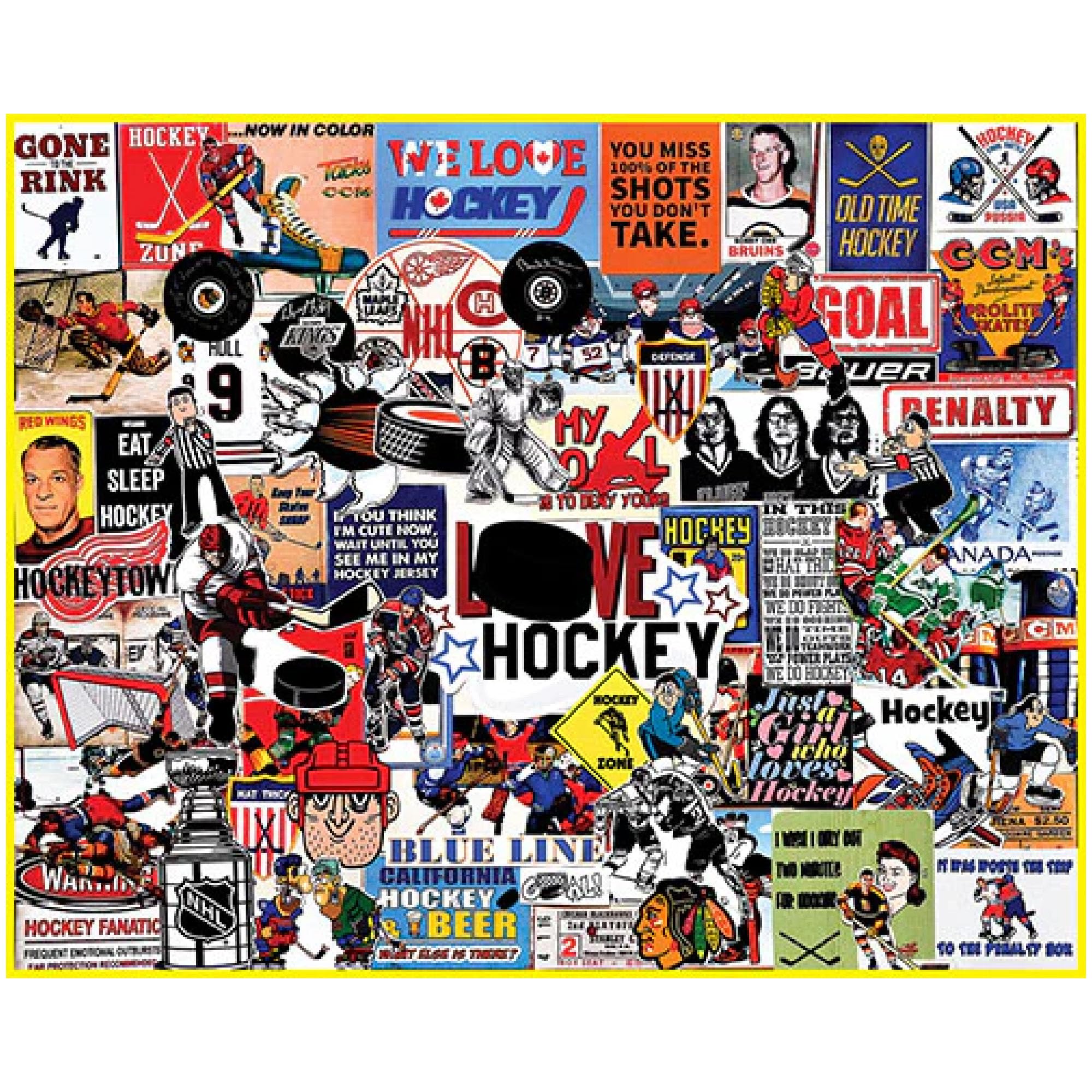 White Mountain I Love Hockey puzzle cover, ideal for game night fun.