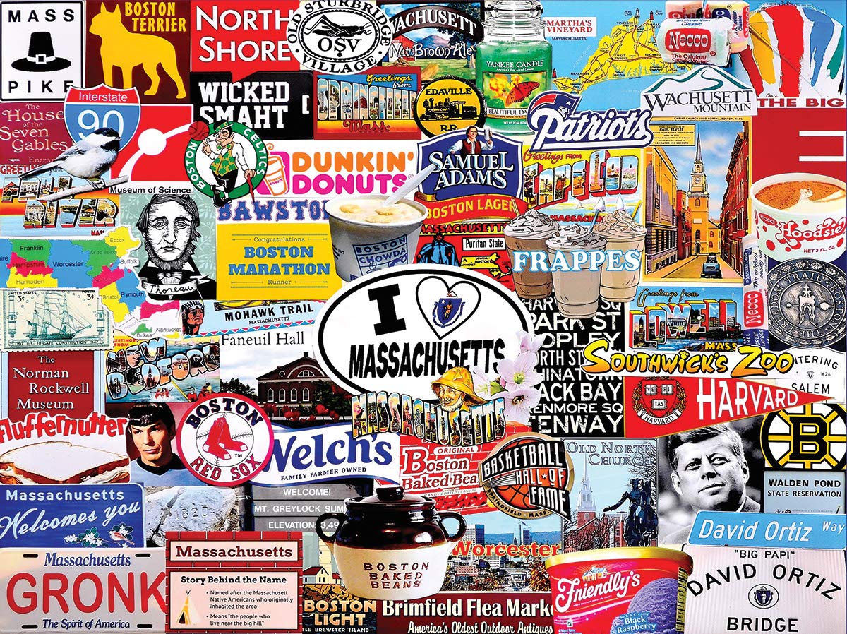 White Mountain I Love Massachusetts puzzle cover, vibrant regional art