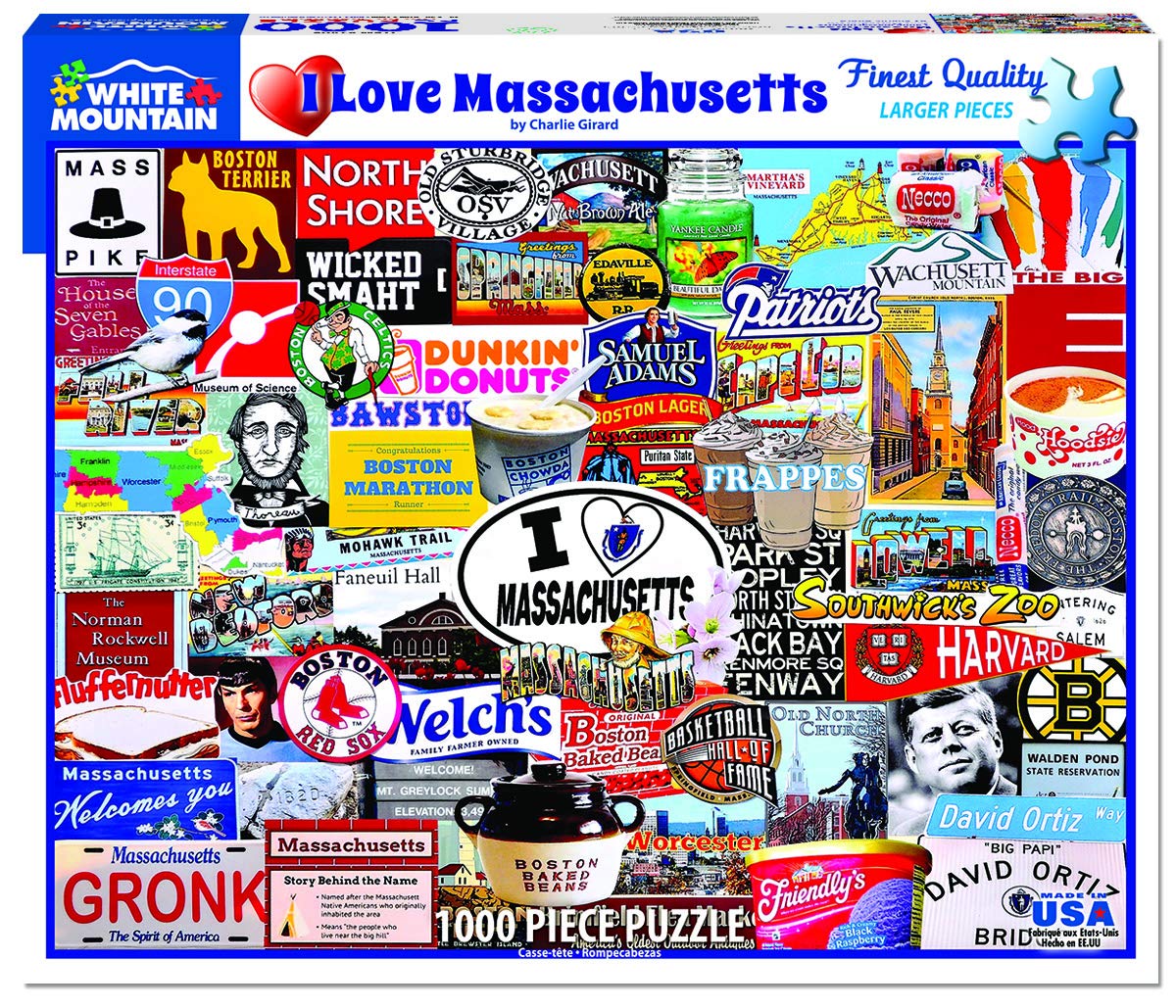 White Mountain I Love Massachusetts puzzle pieces, easy-to-grip for all ages