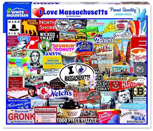 White Mountain I Love Massachusetts puzzle pieces, easy-to-grip for all ages