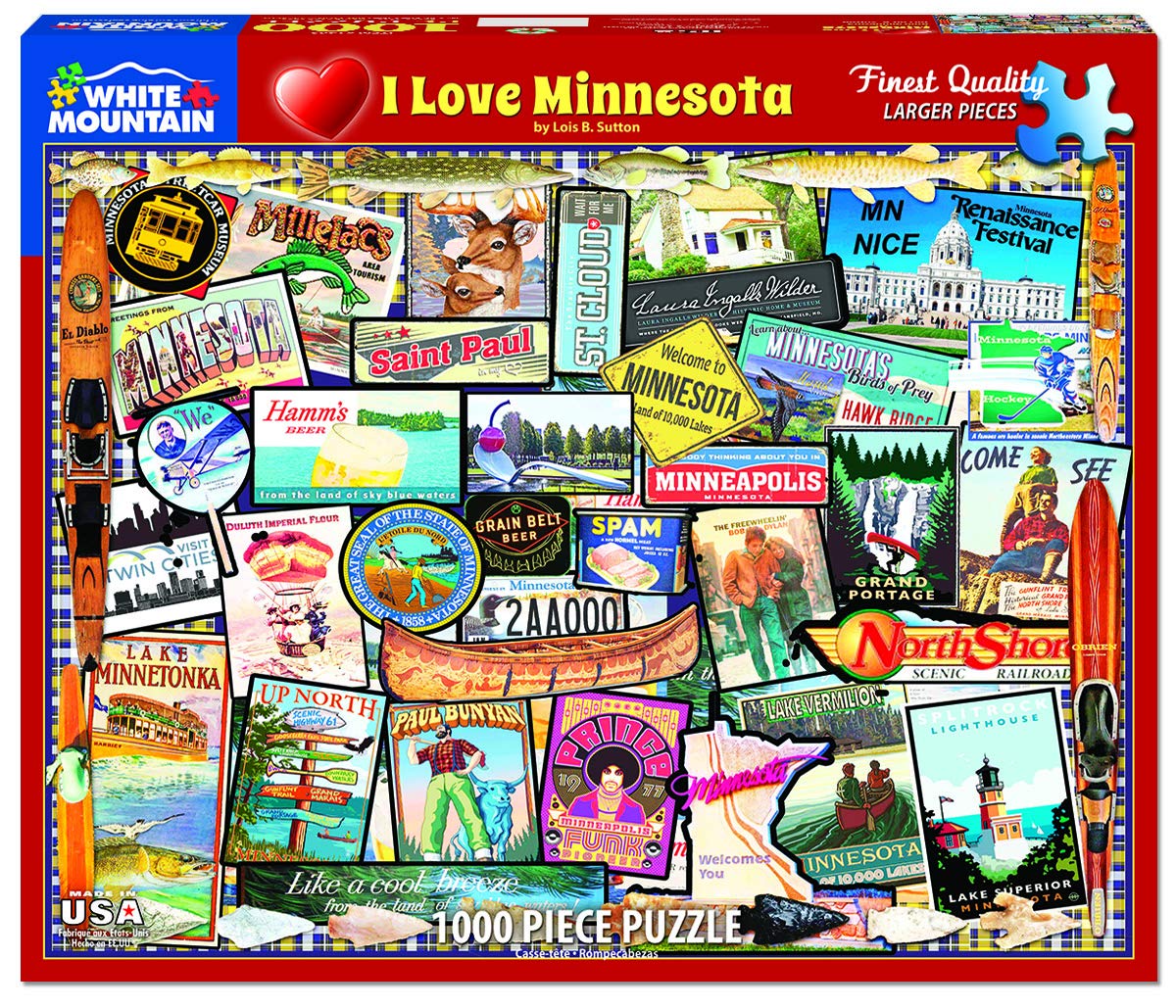White Mountain I Love Minnesota puzzle cover with vibrant collage, ideal for family puzzle nights.
