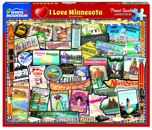 White Mountain I Love Minnesota puzzle cover with vibrant collage, ideal for family puzzle nights.