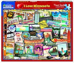 White Mountain I Love Minnesota puzzle cover with vibrant collage, ideal for family puzzle nights.