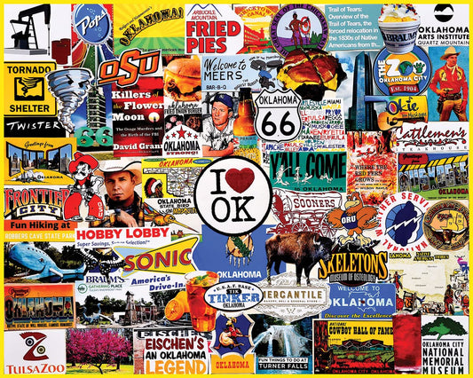White Mountain I Love Oklahoma puzzle—nostalgic ads for cozy family game night.
